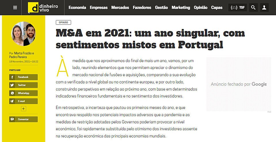 M&A em 2021: um ano singular, com sentimentos mistos em Portugal